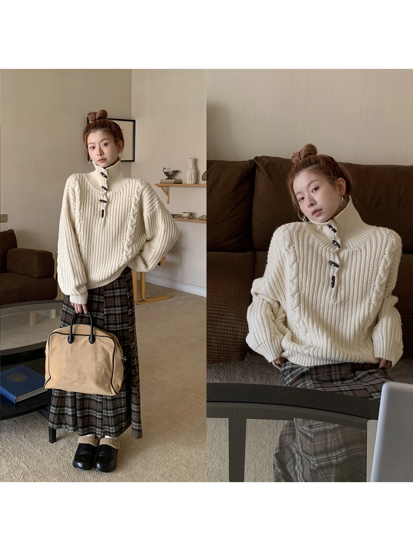 

High-Ne Woolen Sweater Women's Autumn Winter Loose Design Knitted Top Button-Up Casual Faion Comfortable Fit Long Sve