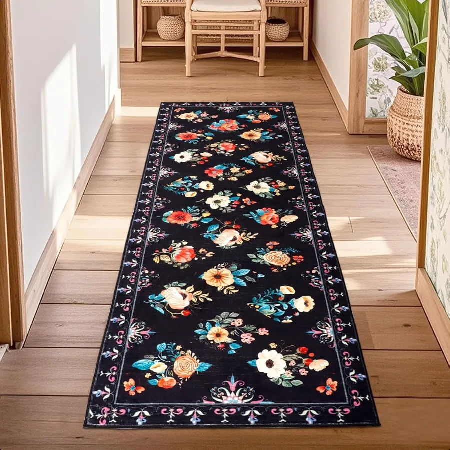 

Washable Floral Runner Rugs 2x6 Black Non Slip Rug Runners for Hallway Entryway Trellis Kitchen Mat Low Pile Floor Carpet for B