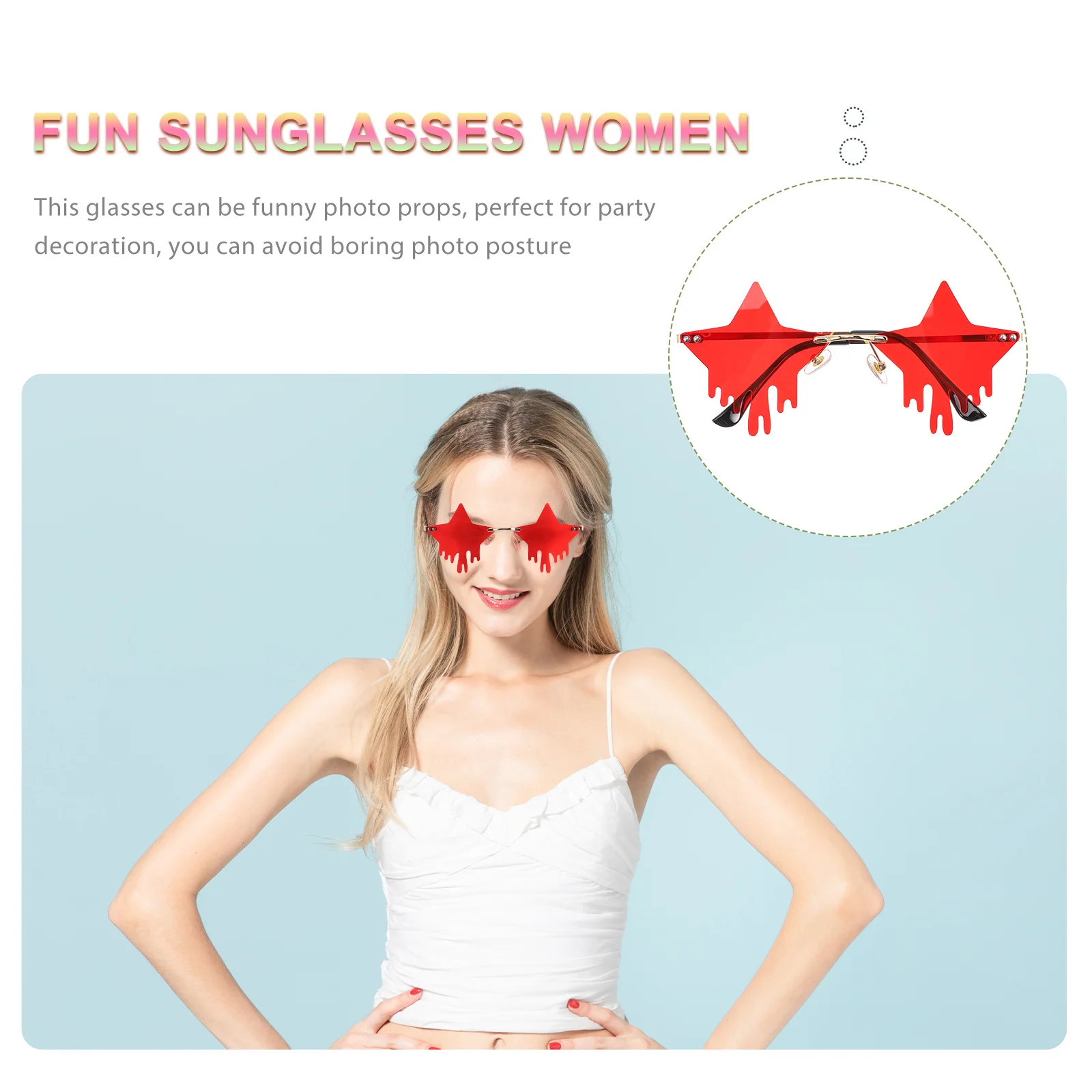 

1 Pair Star Rimless Sunglasses Gold Frame Red Lens Trendy Lightweight Uv Protection Cool Party Beach Travel Glasses
