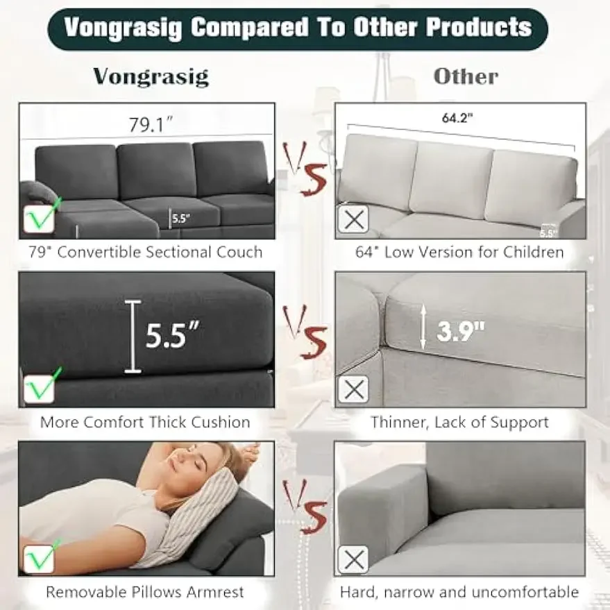 Sofa Sofa tradisional 79 inci, Sofa bentuk L 3 tempat duduk dengan bantal dapat dilepas, Sofa kecil Linen abad pertengahan