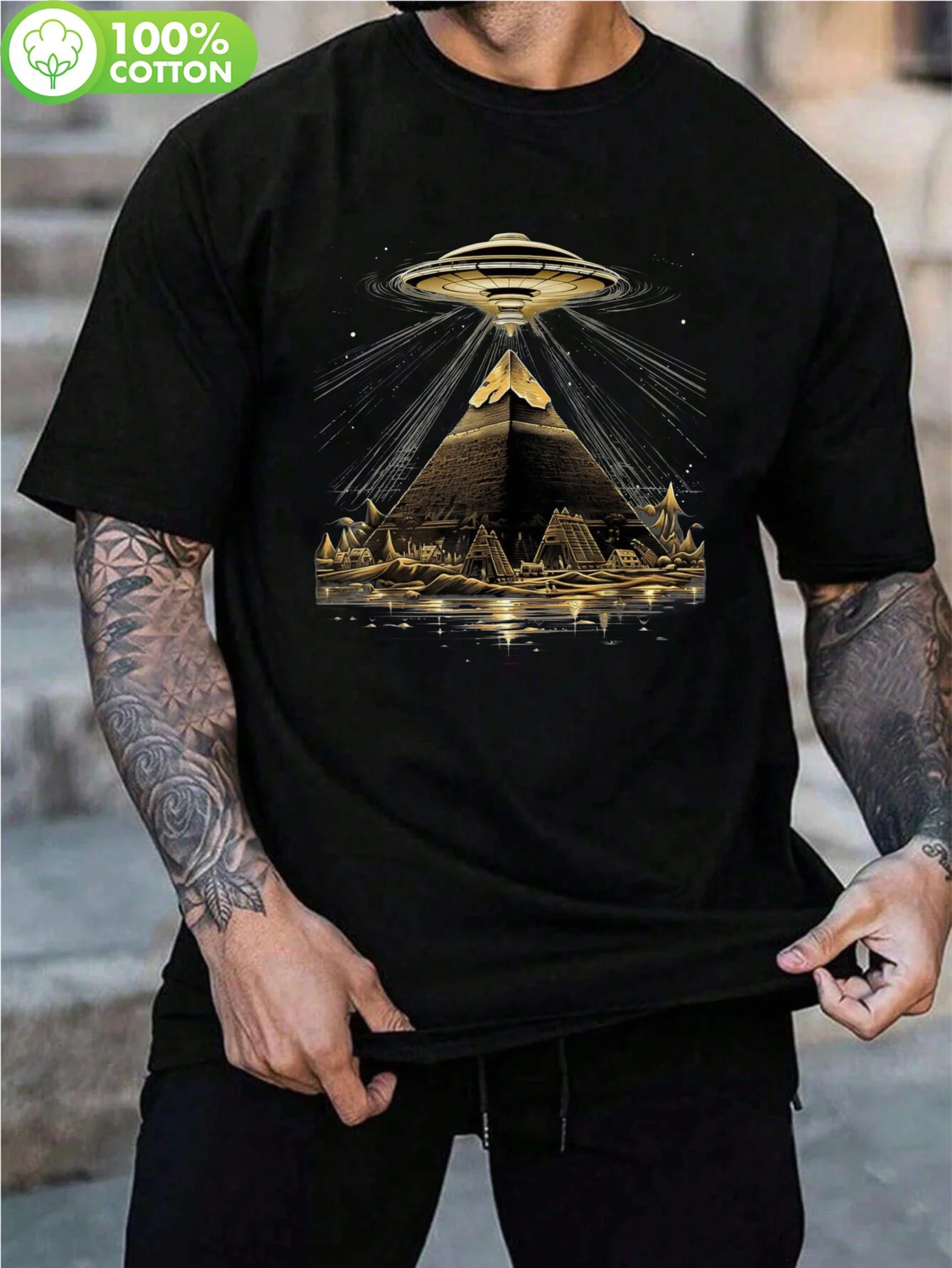 

Мужская футболка с рисунком UFO Over Pyramid & Ancient Village — повседневная футболка с круглым вырезом из 100% хлопка для лета, активного отдыха и тренажерного зала
