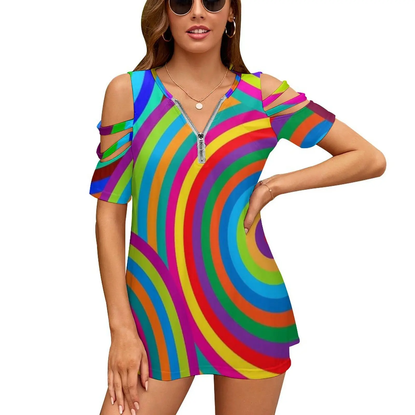 Concentric Vibrations New Fashion Zip Off Shoulder Top Short-Sleeve Women Shirt Abstract Mod Sixties Psychedelic Circles Vibrant