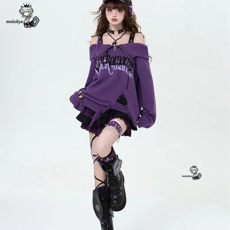 Harajuku Jumper Autumn Winter Pullover Ladies Gothic Letter Print Off Shoulder Knitted Sweater Subculture Black and Purple Lapel