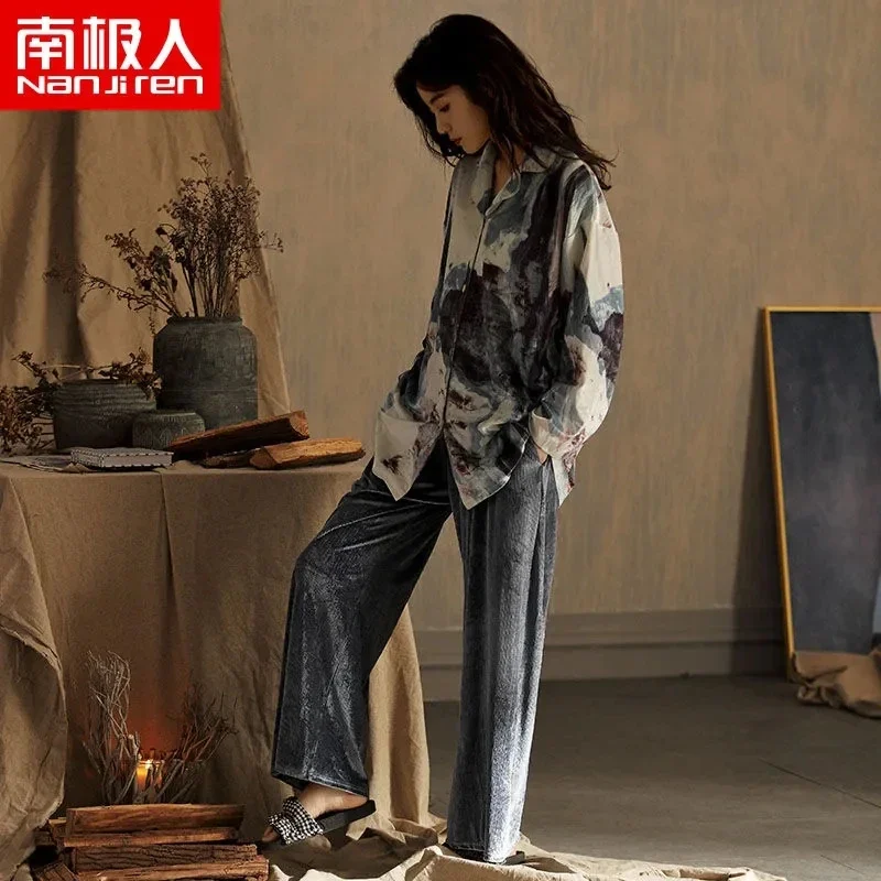 SC590808007 Pajamas women's long-sleeved ice silk retro high-end spring and autumn thin section can be worn as home clothes