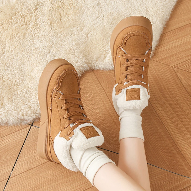 الشتاء الثلوج الأحذية النسائية الجلد المدبوغ سميكة الدافئة أحذية قطنية الحرارية الصوف مبطن عالية أعلى أحذية رياضية منصة الموضة حذاء من الجلد #5