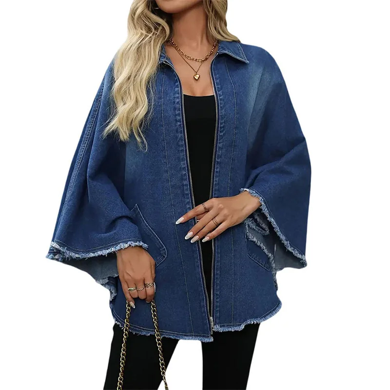 2025 Fashion denim jacket women batwing sleeve jean coat Spring Autumn rough-edge loose zipper-up chaqueta outerwear Streetwear