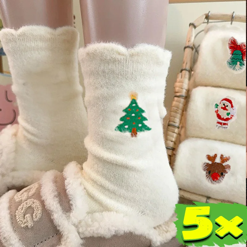

1/5 пар утепленных плюшевых носков из меха норки, белые искусственные плюшевые чулки со снеговиком, Санта-Клаусом и вышивкой, женские зимние носки