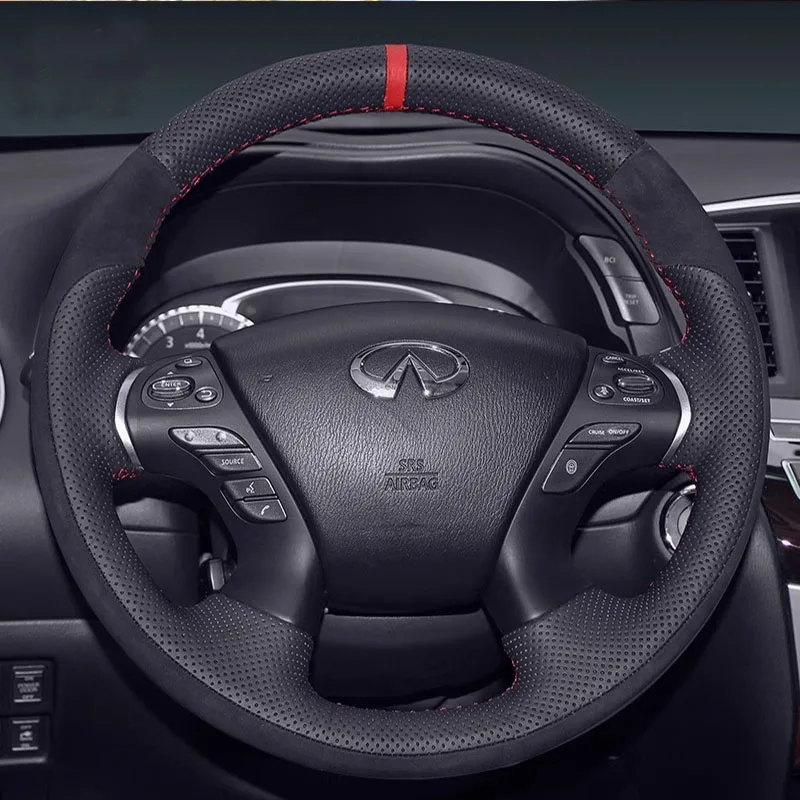 

Hand-Stitched Non-Slip black Genuine Leather suede Car Steering Wheel Cover For Infiniti JX35 2013 M M25 M35 M37 M56 Q70 QX60