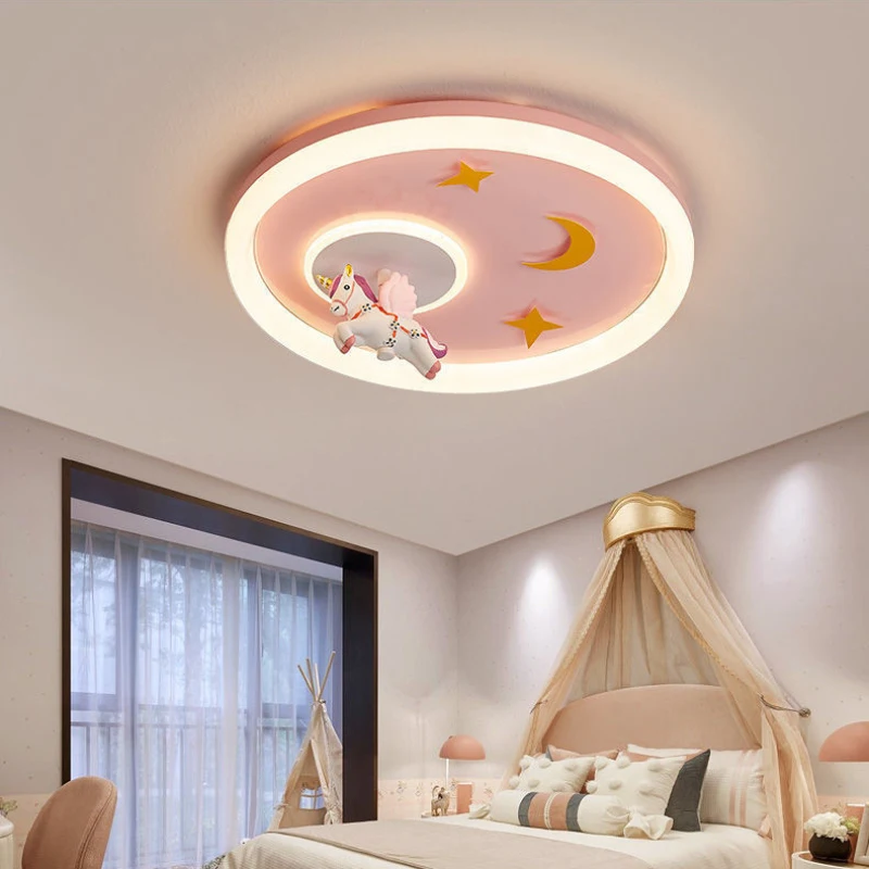 Pink Children\'s Room Ceiling Lights LED Girl Bedroom Light Flying Unicorn In The Air Modern Creative Princess Room Ceiling Lamps