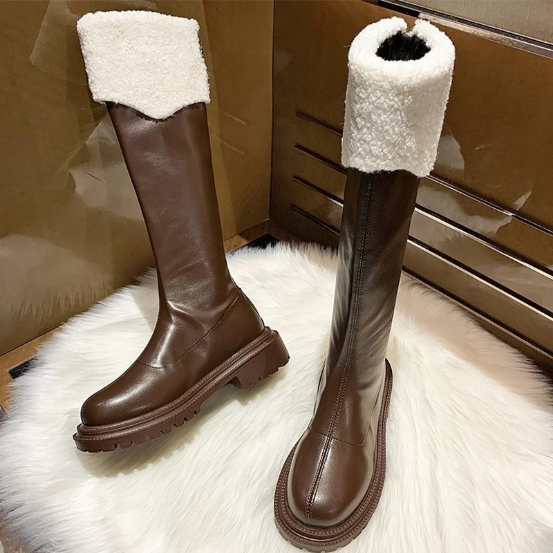 Women High Boots Chunky Shoes 2022 Winter Snow Warm Boots Fur Platform Zipper Gladiator Boots Pu Leather Motorcycles