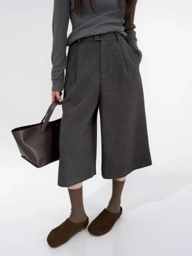 

Wool Seven Part Wide Leg Pants For Women'S Autumn And Winter New Style, High-End Gray, Simple And Fashionable Casual Pants