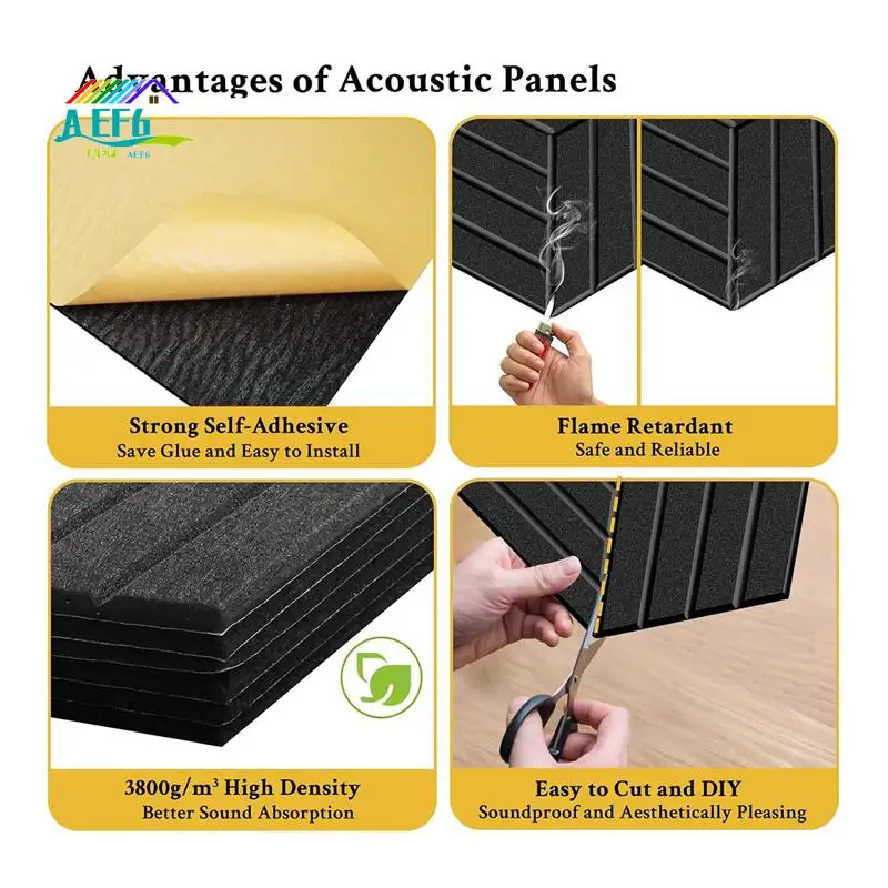 

AEF6-12 Pack Self Adhesive Acoustic Panels Soundproof Wall Panels,Sound Proof Foam Panels For Noise Absorbing Black Easy To Use