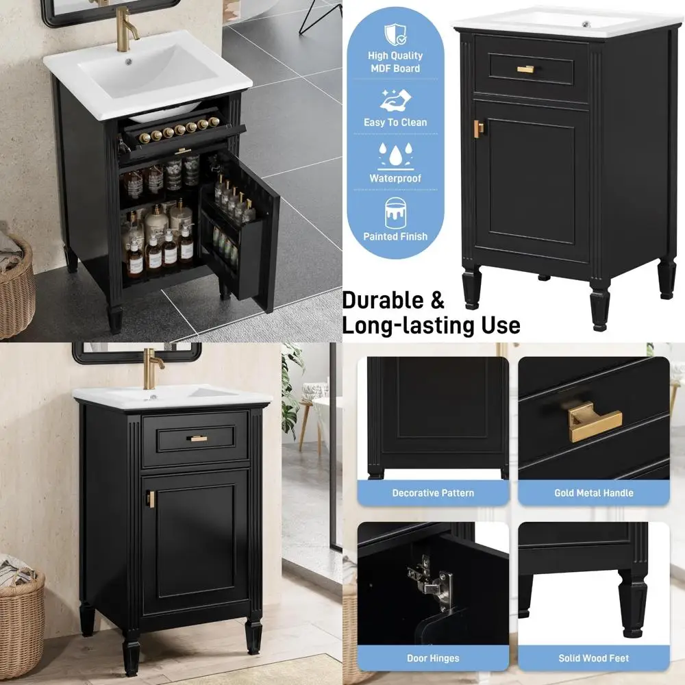 

compact 20" bathroom vanity with sink, cabinet, tilt-drawer, and adjustable shelving