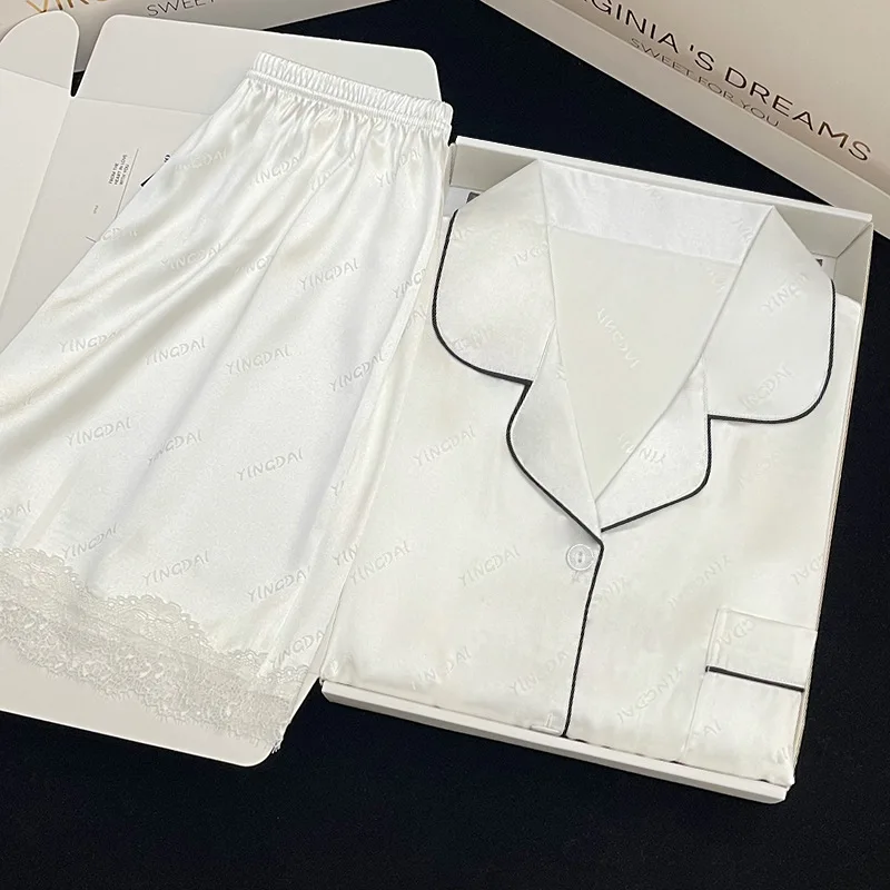 Summer Female Pajamas White Short Sleeve Shorts Pijamas Suit Sexy Lace Trim 2PCS Sleepwear Set Homewear Loose Satin Lounge Wear