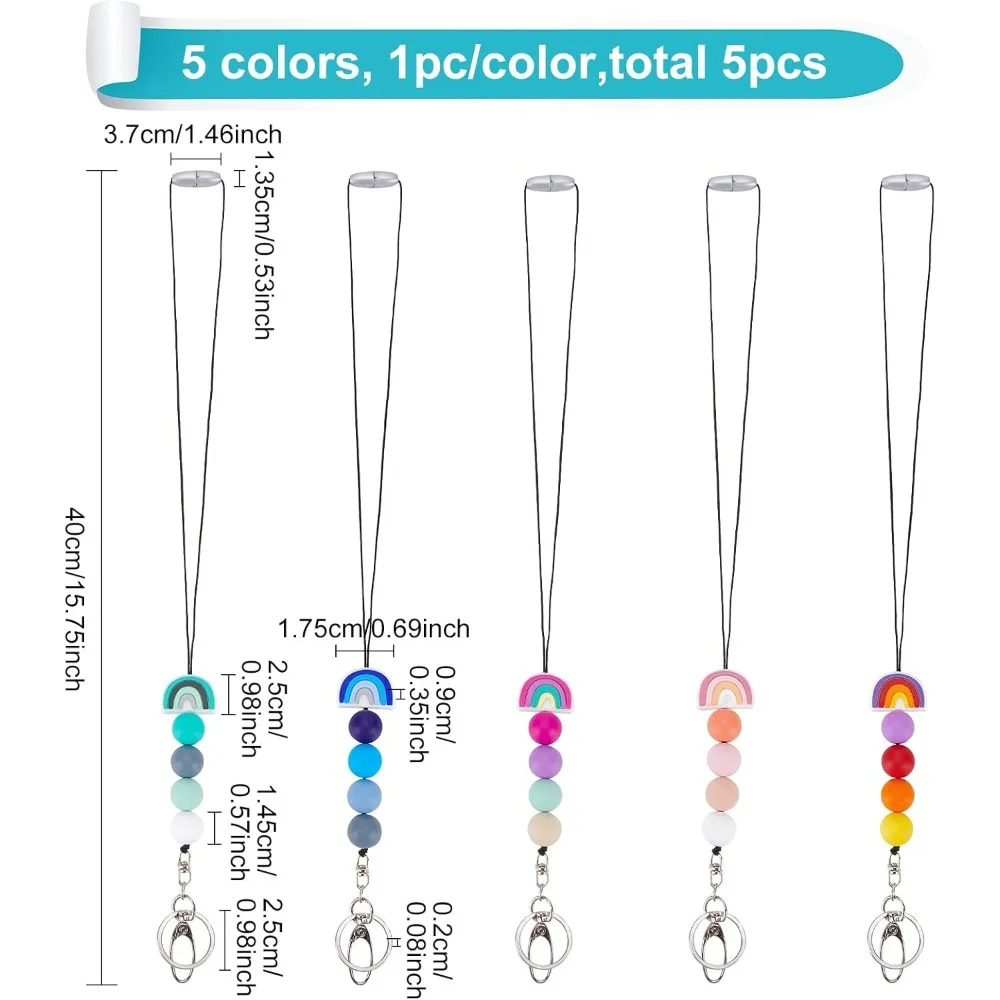 5Pcs 5 Colors Rainbow Silicone Beaded Lanyards, Boho Neck Lanyard Necklaces with Alloy Key Hook for School Card, Key, Employee