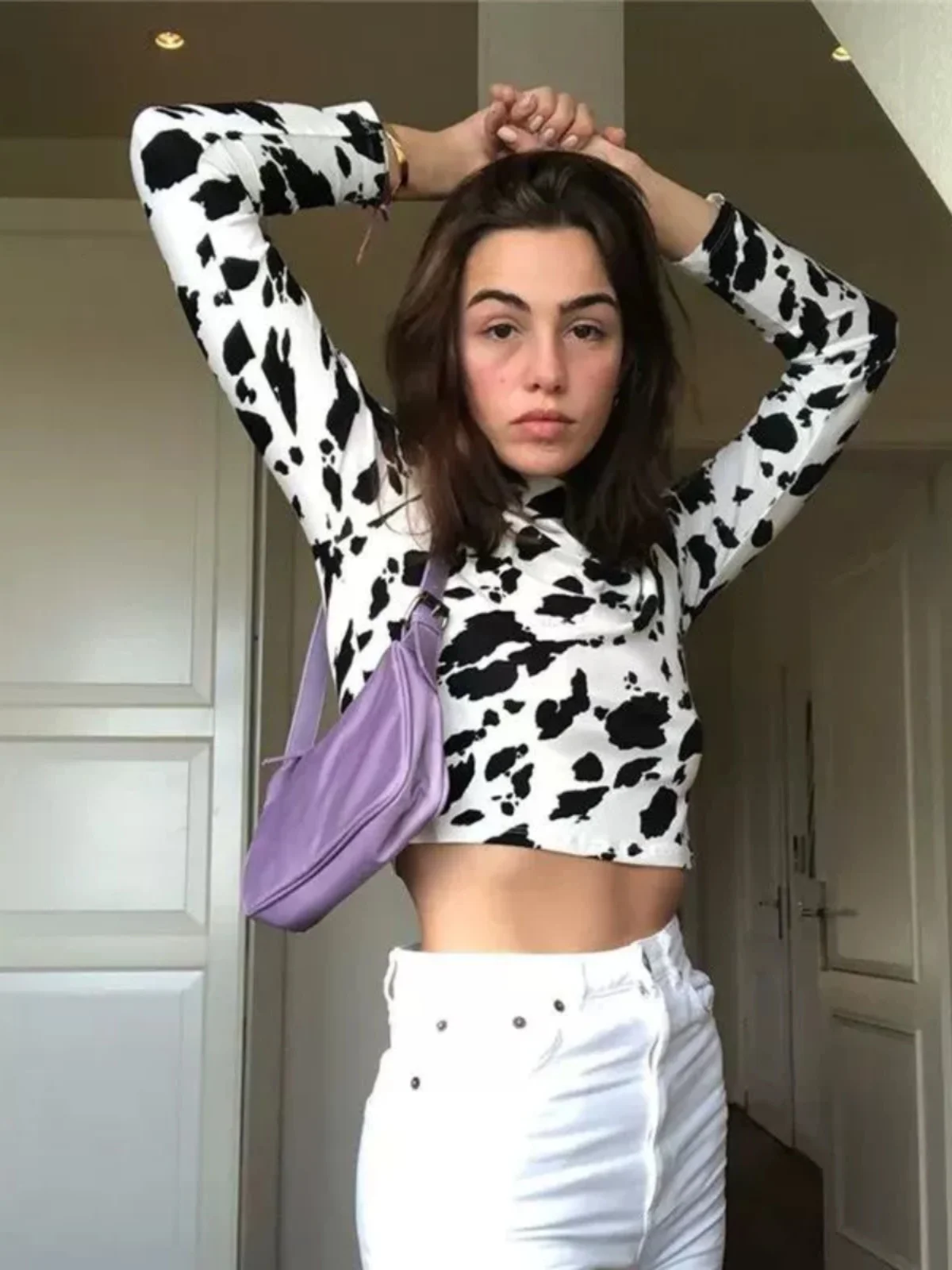 เสื้อครอปพิมพ์ลายวัวสำหรับผู้หญิงรุ่นใหม่ สไตล์สตรีท ทรงเข้ารูป เหมาะสำหรับฤดูร้อน