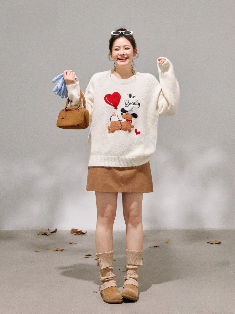 

Комплект для полных: зимний модный корейский свитер для собак, юбка А-силуэта с высокой талией, повседневный наряд с круглым вырезом и длинными рукавами