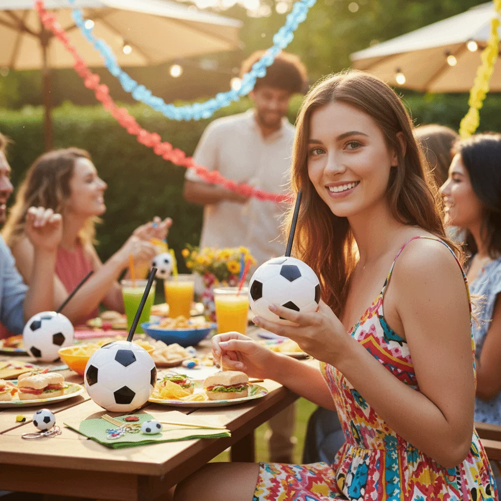 450 ML Soccer Shaped Drink Cup with Straw and Lid Food Grade Plastic Football Theme Water Cup Realistic Ball Shape Straw Cup