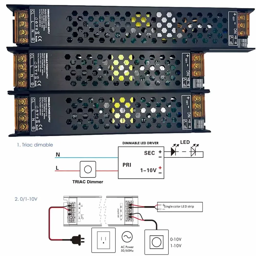 DC12V/24V 60W 100W 150W 200W 250W 300W Dimmable LED Driver Aluminum Triac & 0-10V Dimming Power Supply Lighting Transformer
