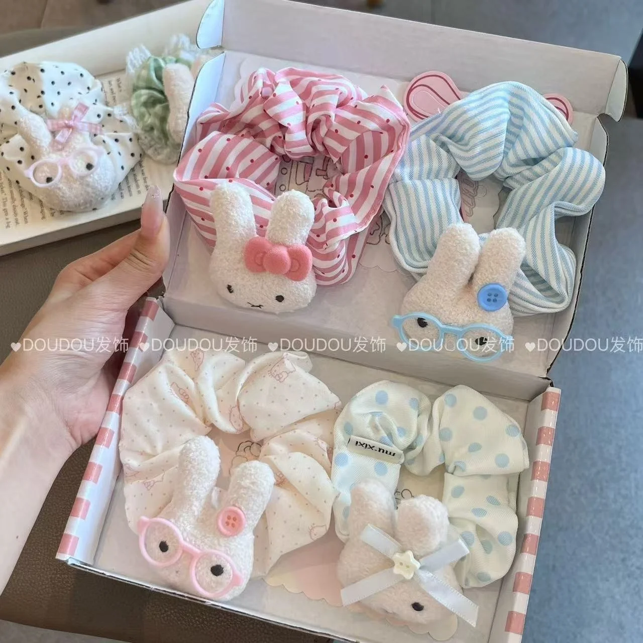 Cute White Rabbit Fabric Scrunchies Sweet Girl Hair Elastic Trendy Ponytail Bun Headwear Matching Christmas Present For Bestie view 6