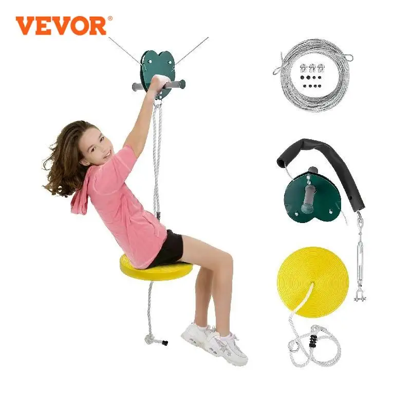 VEVOR 100ft / 80ft Seated Zip line Kit With 4.7ft Sling Cable, Adjustable Round Seat Hassle-free Assemble for for Kid Teens Park