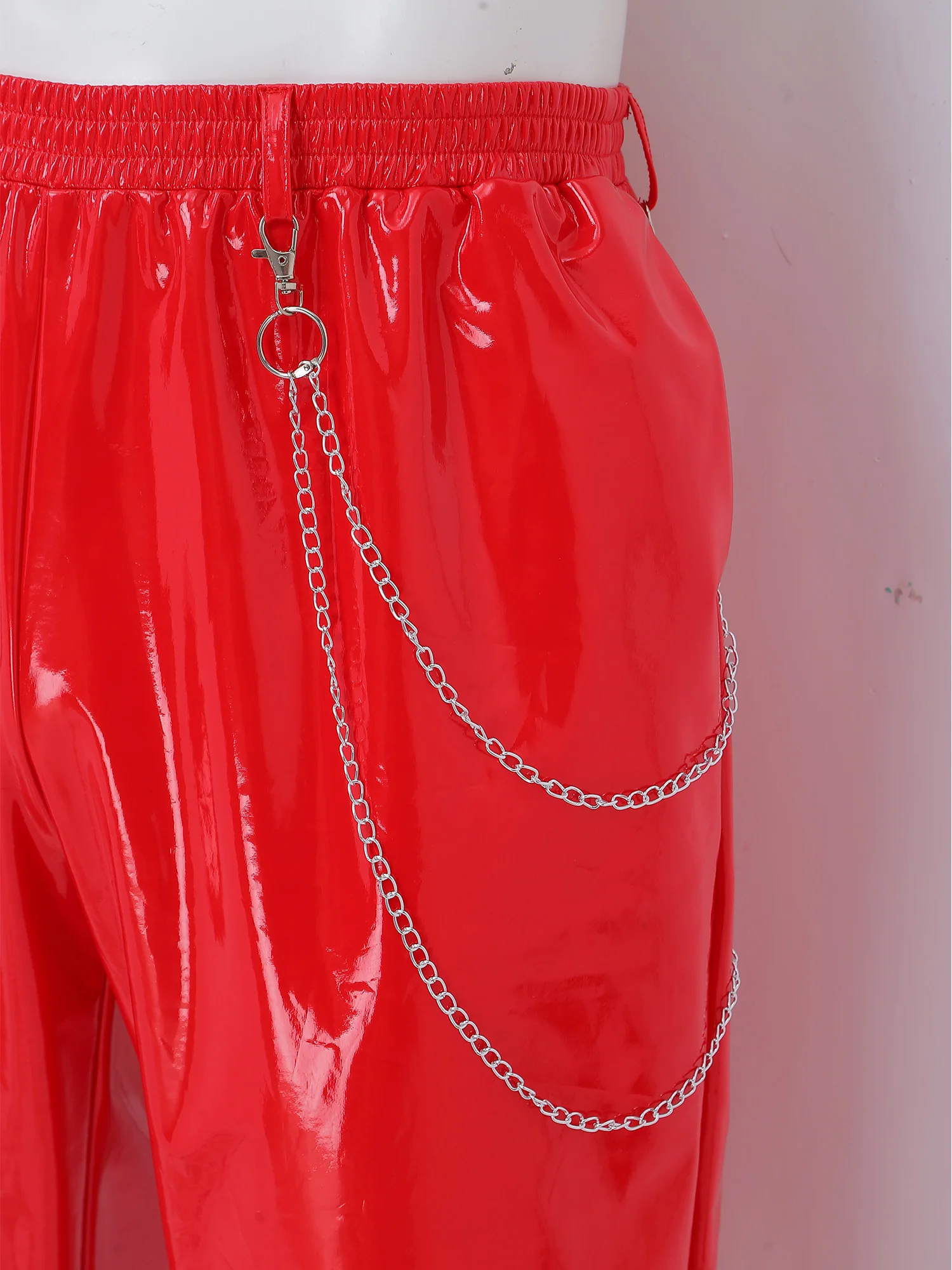 Men Patent Leather Jogger Pants Punk Trousers Raves Party Clubwear Metal Chain Detail Elastic Waistband Long Pants with Pockets view 4