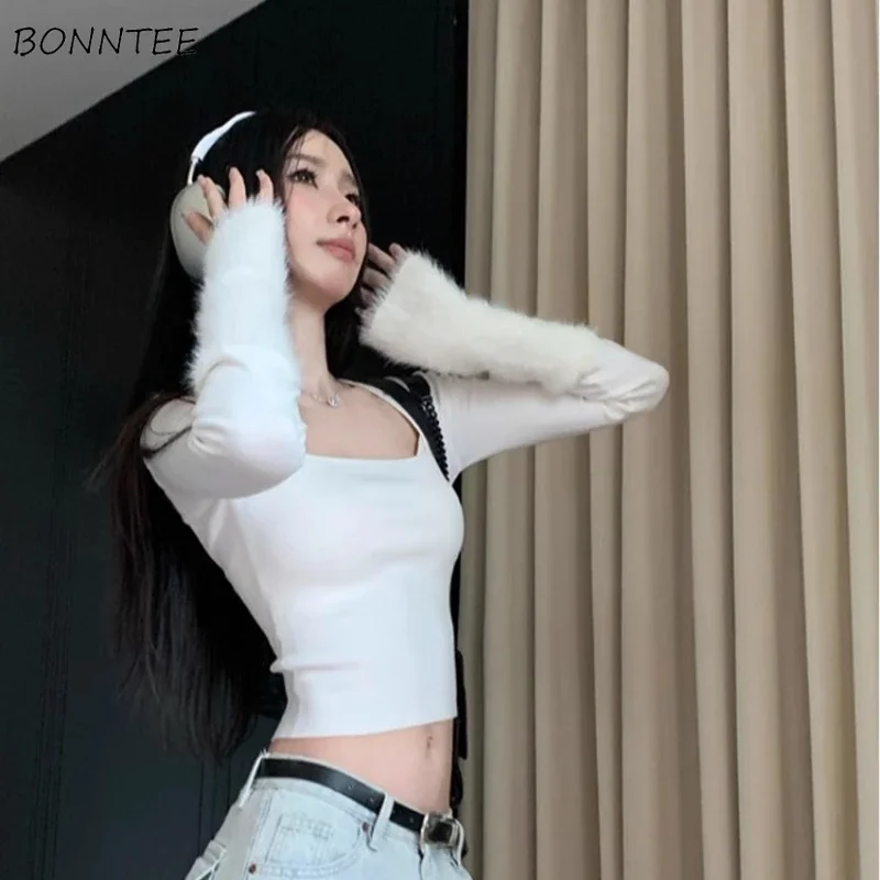 

Basic Pullovers Women Skinny All-match Cropped Tops Autumn Comfortable Patchwork Pure Sexy Attractive Ulzzang Minimalist Daily