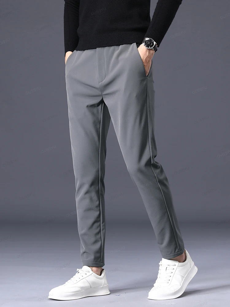 Autumn Winter Casual Pants Men Thick Business Stretch Slim Elastic Waist Jogger Outdoors Korean Classic Grey Black Trousers Male