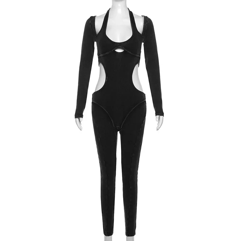 Women Rib Knitted Fitness Jumpsuit Sexy Hollow Out Halter Long Sleeve Skinny Casual Sport One Piece Overalls Yoga Rompers