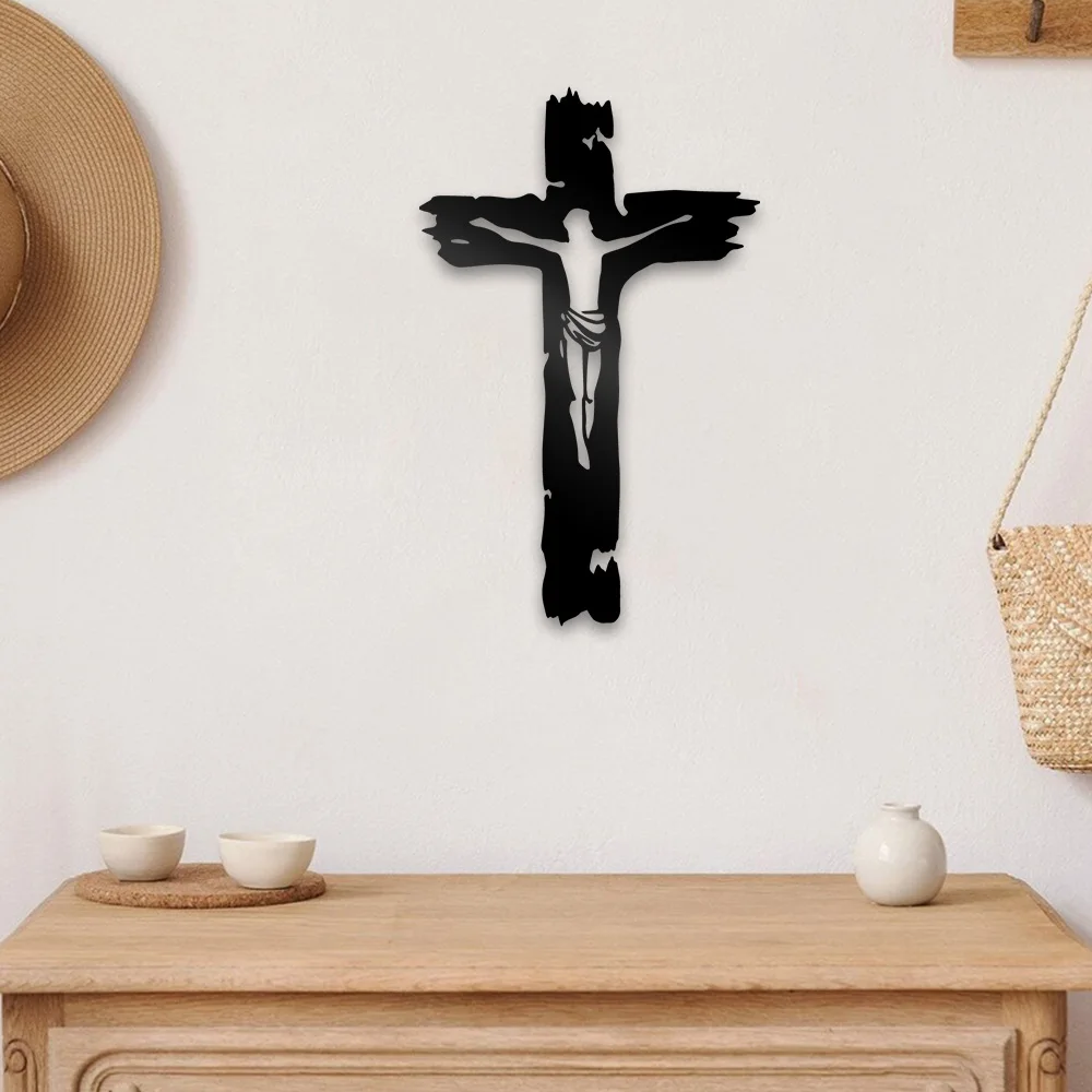 Christian Cross Jesus Metal Wall Art Sign Farmhouse Hanging Decor Black Cutout Plaque Home Office Living Room Bedroom Decoration