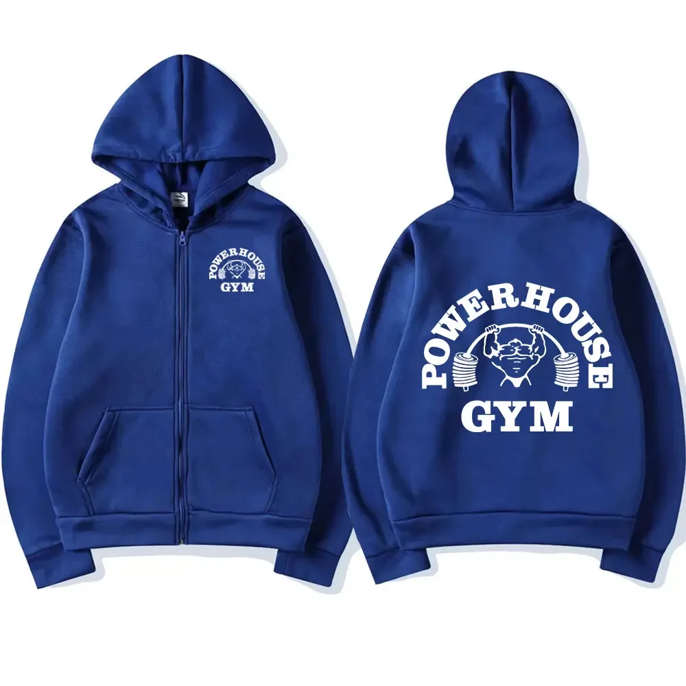 Powerhouse Gym Graphic Zipper Hoodie Men\'s Women\'s Fashion Vintage Zip Up Hooded Sweatshirts High Quality Fleece Loose Pullovers