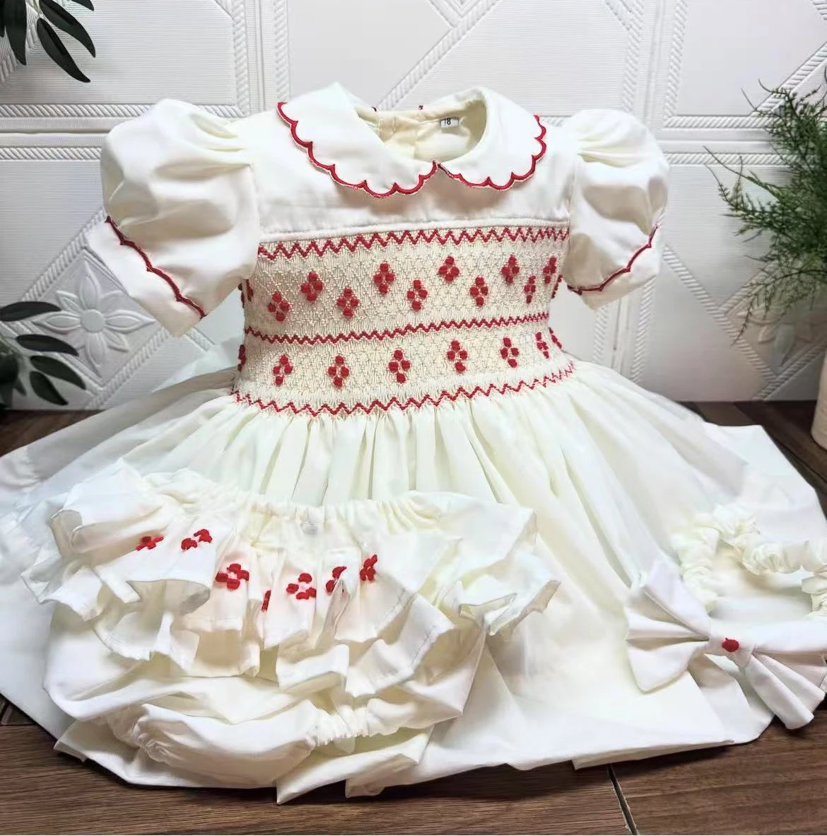 0-12Y Baby Girl Summer Red Flower Handmade Embroidery Smocked Beige Dress for Eid Birthday Party Holiday Christmas Casual A191
