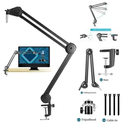Adjustable Aluminum Alloy Microscope Arm Stand Bracket with Mic Clip Coin Mount Suspension Boom Scissor Arm Holder for Video