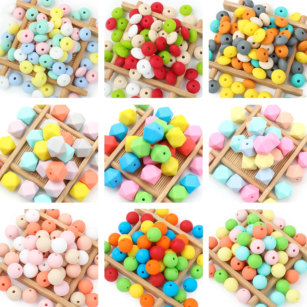 20Pcs/Set Silicone Beads 12MM Lentil Beads Round Pearl Focal Beads 14MM Hexagon Loose Beads DIY Necklace For Jewelry Pen Making