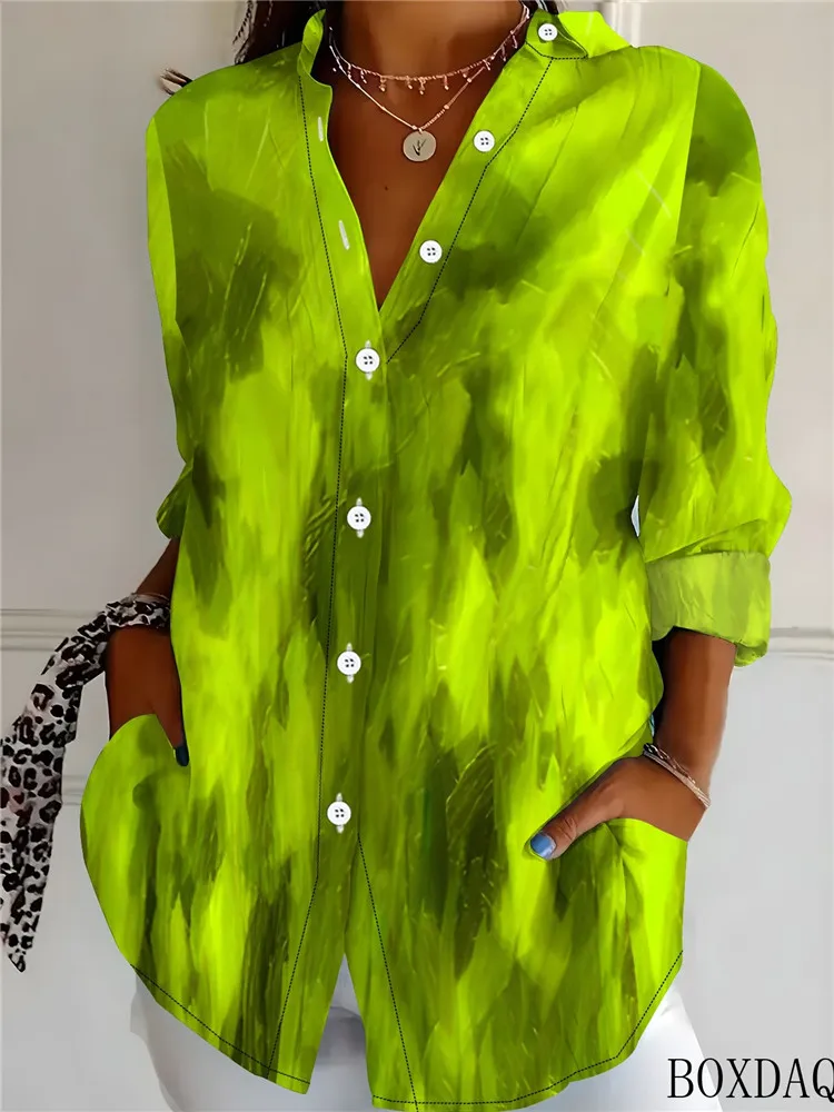 Women's 3D Tie dye Patterned Printed Blouse Loose Long Sleeved Lapel Button Up Shirts Autumn New Women's Casual Top