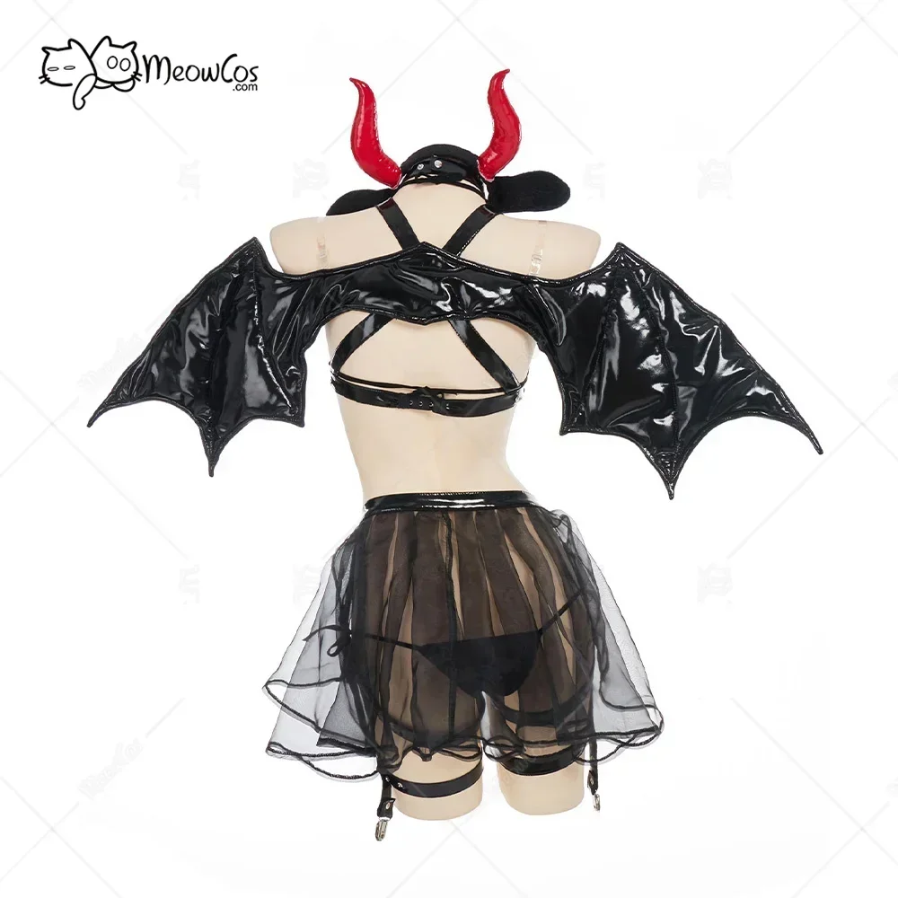 Meowcos Halloween Devil  Cosplay Costume Sexy Lingerie Set Cow Top and Thong with Belt Set and Wings Headband Necklace Sleepwear 