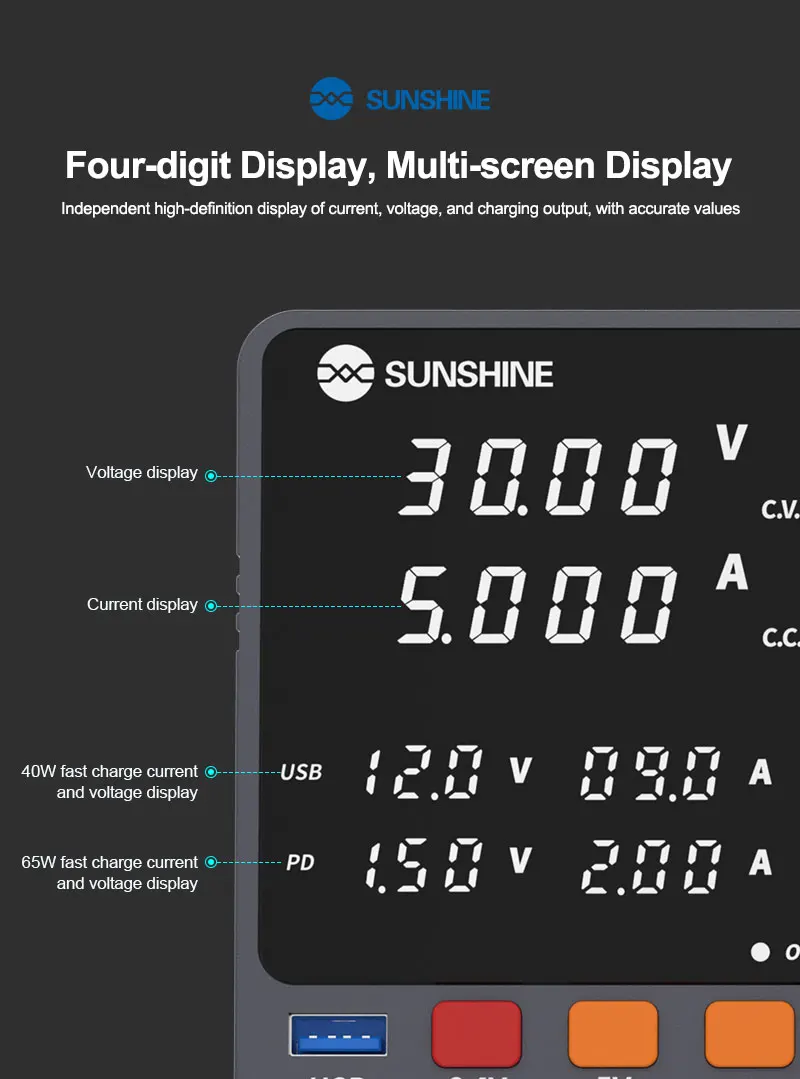 SUNSHINE P2 PRO Intelligent Regulated DC Power Supply 30V 5A Voltage Regulator 65W Fast Charge Type-C 40W Fast Charge USB Port