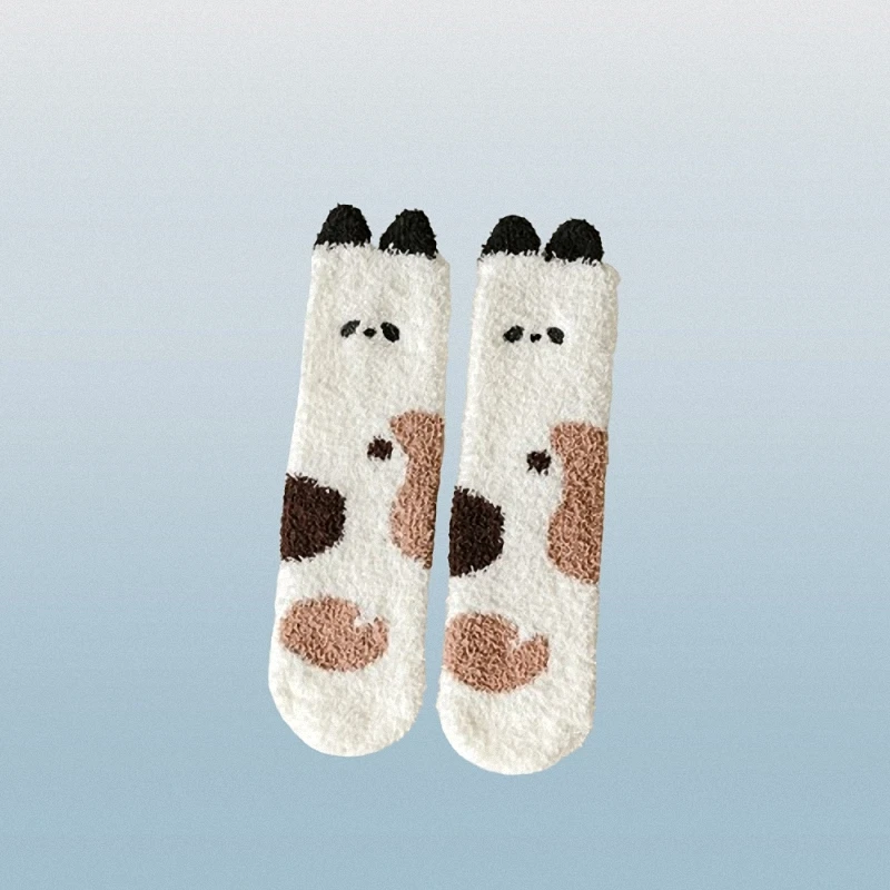 3/6 Pairs 2024 New Cartoon Panda Coral Fleece Women's Mid Tube Socks Thick Warm Half Fleece Towel Floor Home Sleep Women's Socks