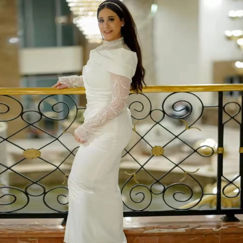 

Elegant Weddings Dresses High Collar Long Sleeve Simple Muslim Bride Dress with Ruffle Lace Draped Arabic Bridal Gown Customized