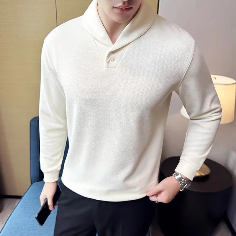 Autumn Thicken Solid Color Cuban Collar Long Sleeve T Shirts for Men Asian Size Korean Style Slim Fit Male Pullover T-shirt Tops