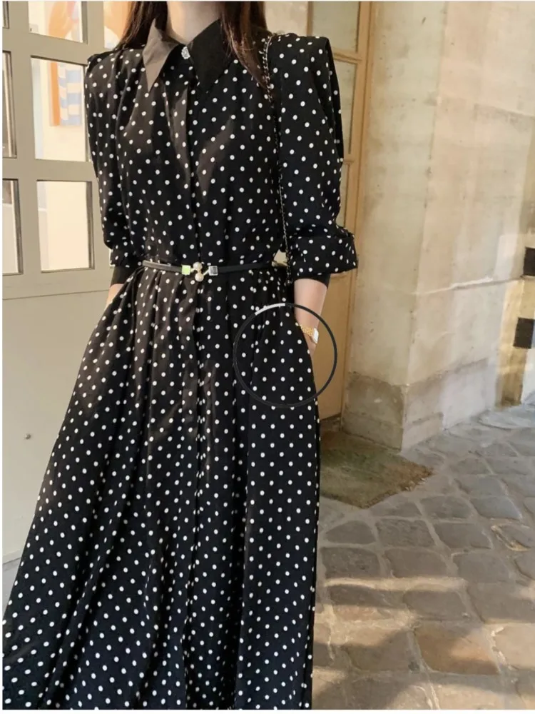 Spring Shirts Midi Dress Women Polka Dot Print Fashion Ladies Dresses Ruffle Pleated Korean Style Loose Long Sleeve Woman Dress