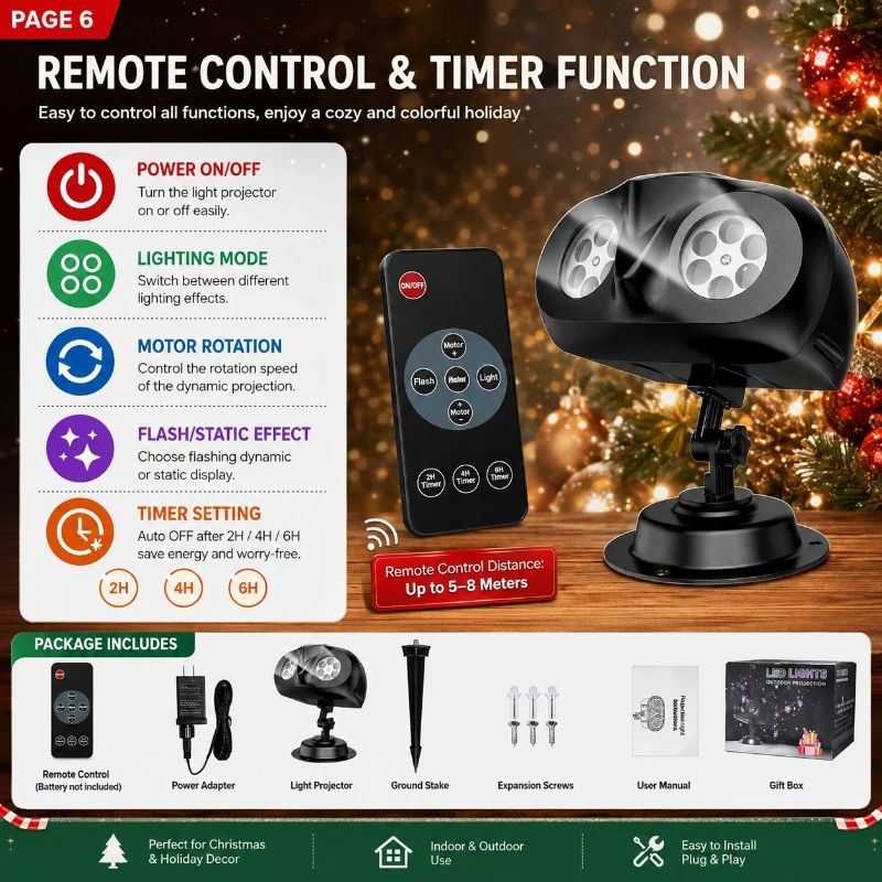 Christmas LED Snowflake Projector Light Outdoor Waterproof Holiday Projection Lamp with Remote Control for Xmas Yard Decor