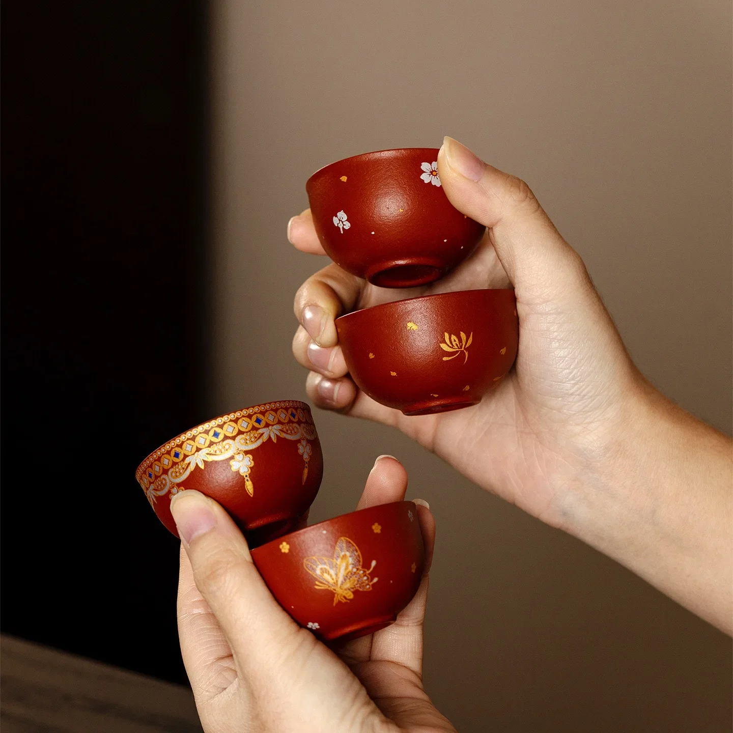 2Pcs 35ML Raw Ore Cinnabar Mud Purple Sand Teacup National Style Bronzing TeaCup KungFu TeaSet Household Tea Drinking Wendan Cup