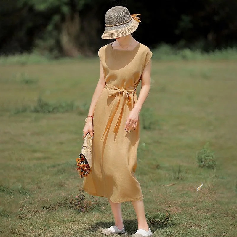 100% Linen Summer Dress Woman Short Sleeve Green Midi Dresses Women's Summer Sundress Solid A-Line Square Neck Streetwear Female