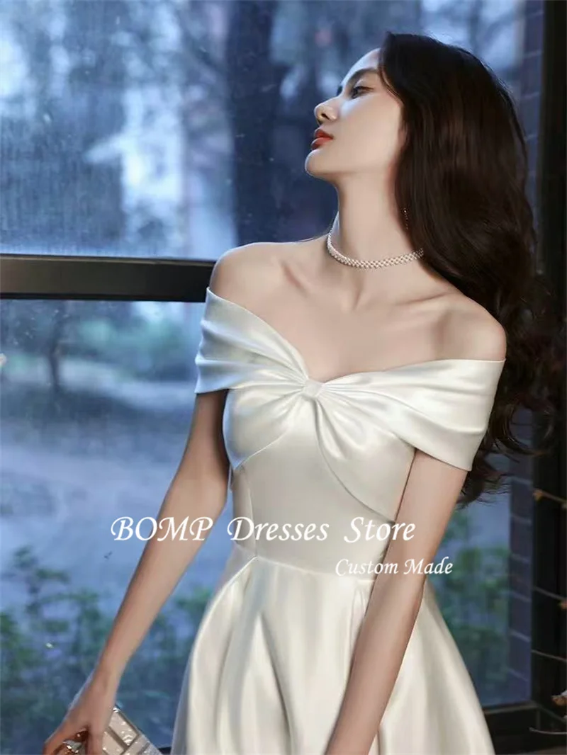 BOMP Silk Tea Length Party Wedding Receiption Dress Off Shoulder Satin Korea Photo Shoot Bridal Gowns Corset Back Customized