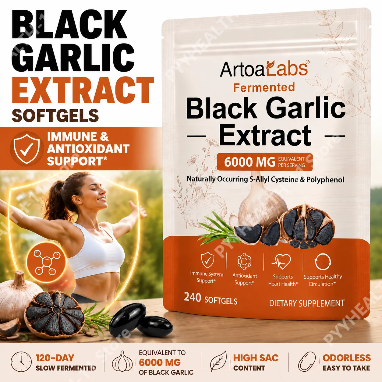 ArtoaLabs Fermented Black Garlic Extract Capsules,Promote Digestion,Provide Energy,Anti Fatigue,Antioxidant,for Adults,240 pcs