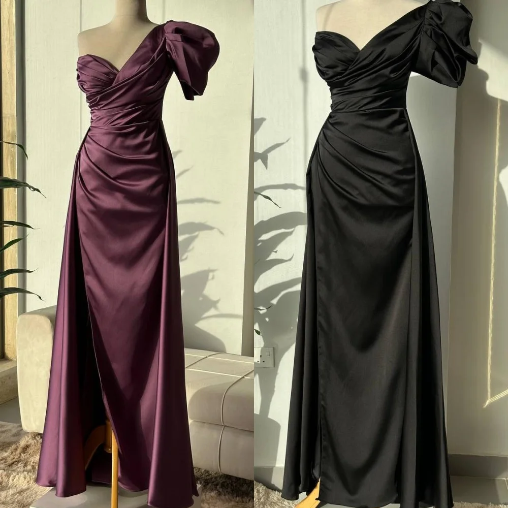 

Exquisite Satin Criss-Cross Pleat Ruched Straight One-shoulder V-neck Midi Dresses Celebrity Dresses Classic Modern Style