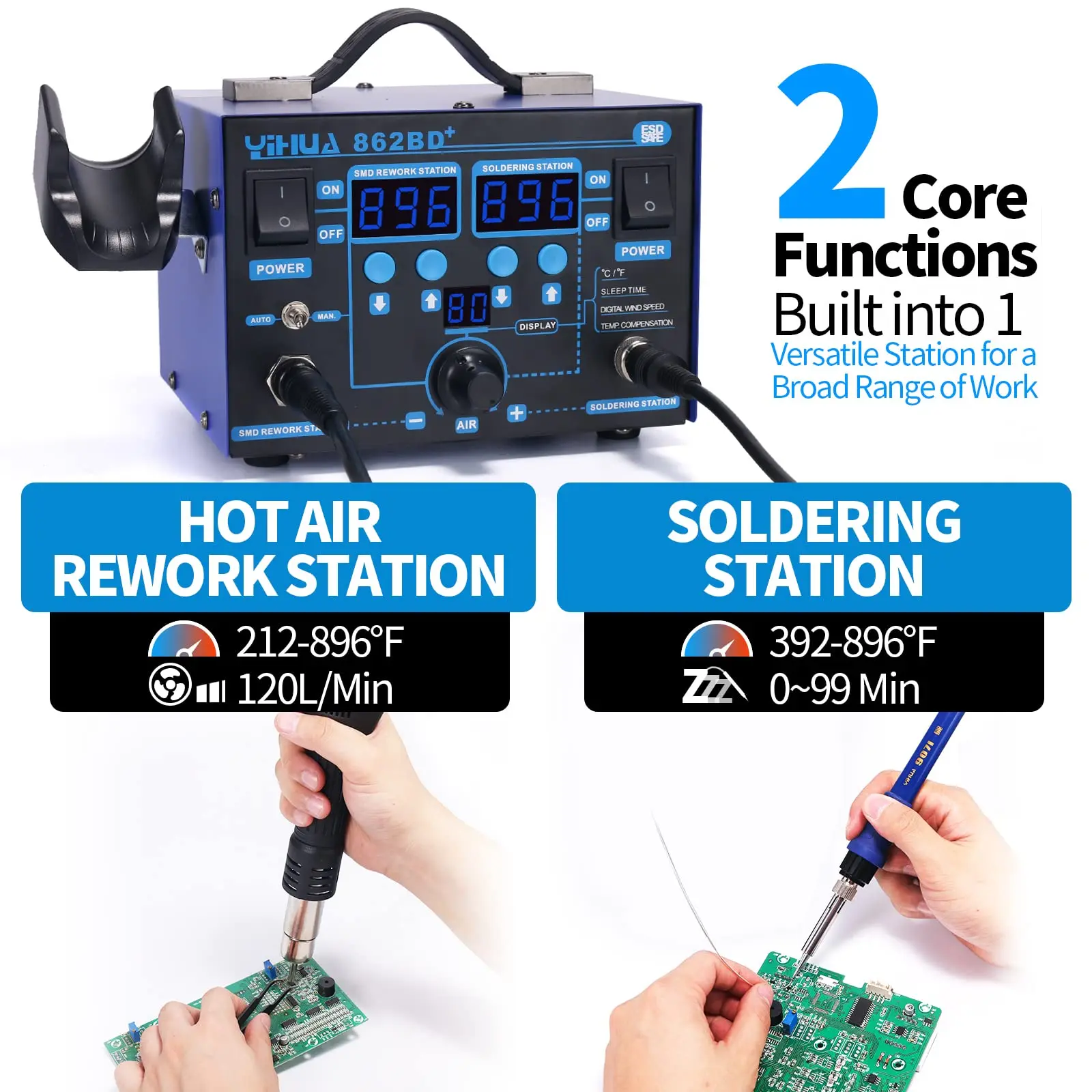 862BD+ 2-in-1 Soldering & Hot Air Rework Station 750W 200-896°F PID Control Sleep Mode ESD Safe for SMD BGA Repair