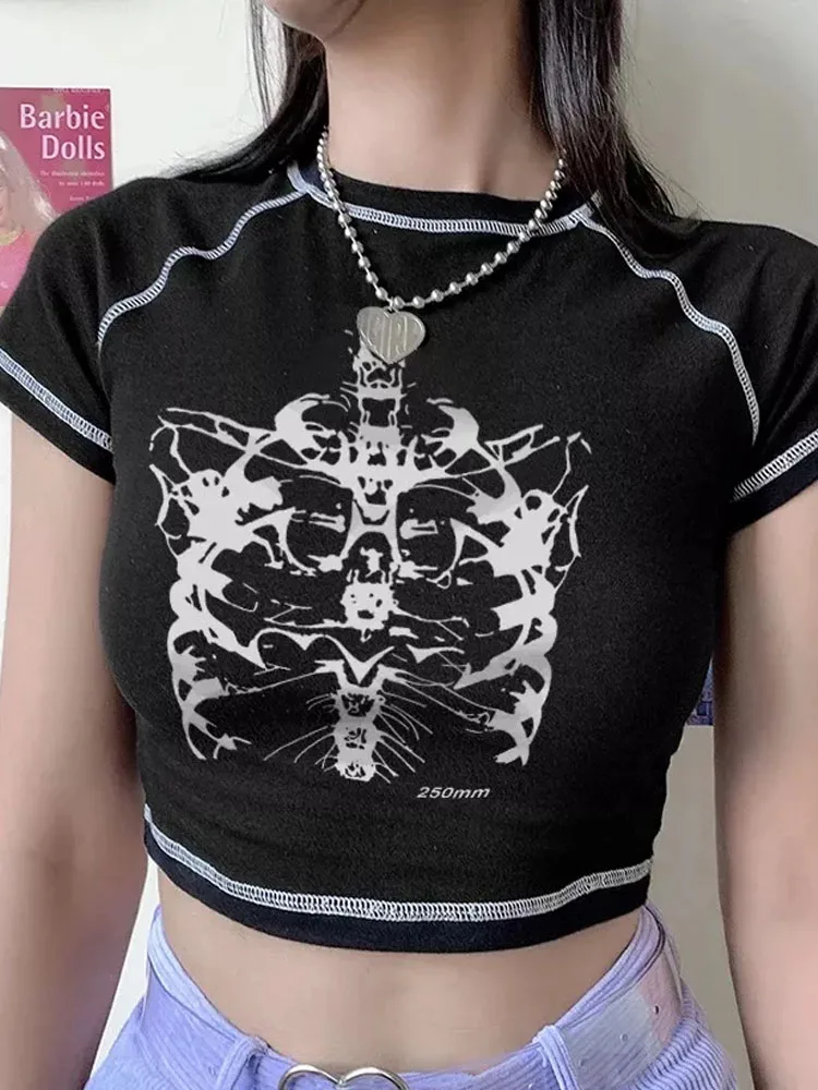 Aesthetic skeleton women's T-shirt Harajuku Y2K black sweet girl slim skull print fun vintage graphic clothes crop top E-girl