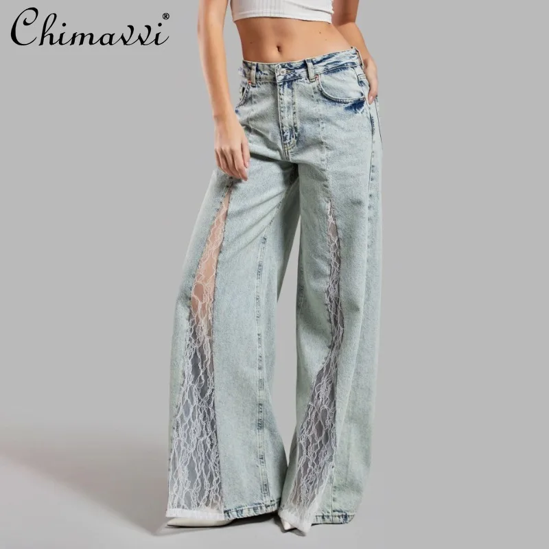 2025 New European and American Street Style Lace Splicing Loose Wide-leg Trend Casual Versatile Jeans For Women